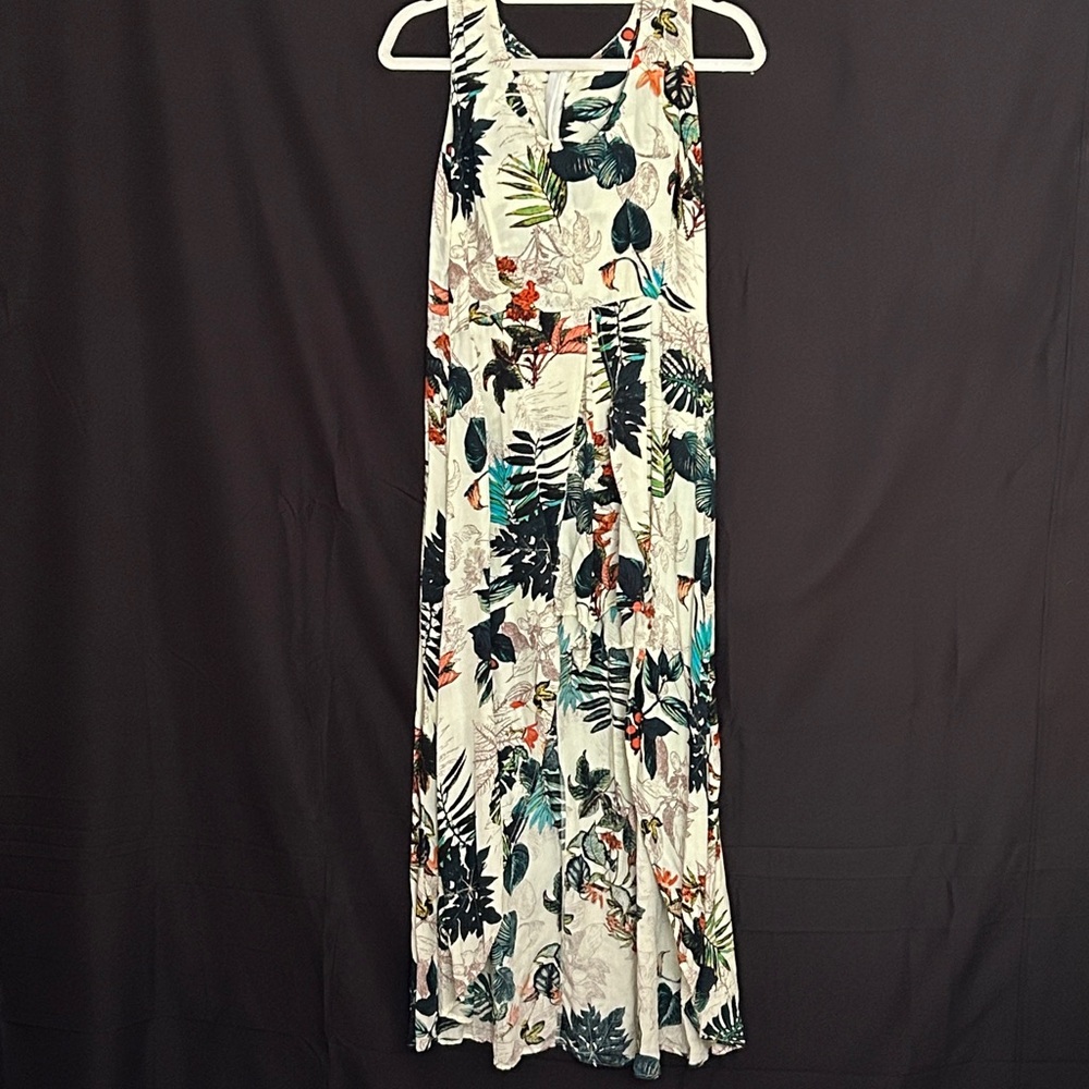 Sleeveless Tropical Print Maxi Dress in White with Green & Orange Accents